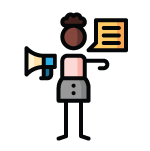 A simplified icon of a black woman with natural hair in a pink shirt and gray skirt, holding a megaphone, with a speech bubble.