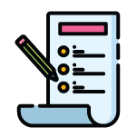 A simple icon of a long sheet of paper with a list on it and a pencil about to mark off an item.